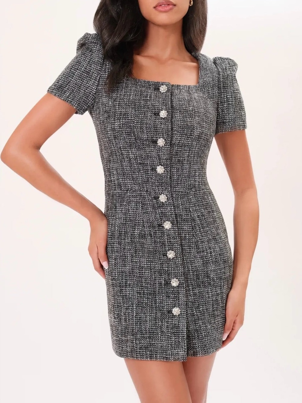 Chloe Black & White Tweed Midi Dress with Decorative Buttons